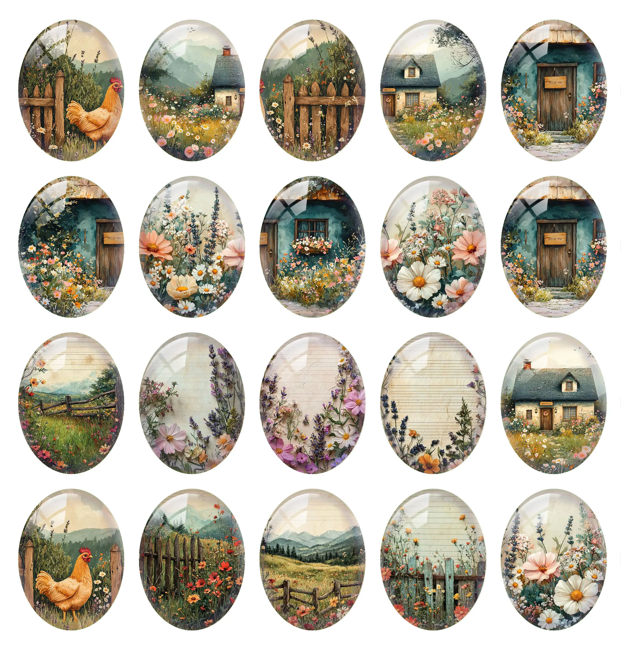 10pcs/lot Countryside Flower Plants Hen Farmer Spring Summer Oval Photo Glass Cabochon Flatback Demo Cameo Diy Jewelry Making
