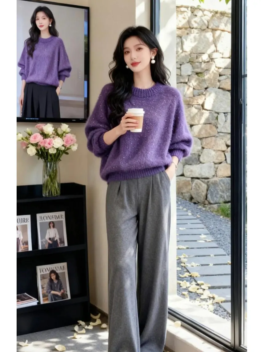 

Purple Glitter round Ne Knitted Sweater Women's Base Layer irt Soft Cozy Casual Sle Spring Autumn New Faion Loose Fit