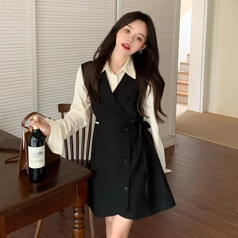 

Комплекты из 2 предметов, женская рубашка и платье, нерегулярный повседневный стиль в консервативном стиле, школьницы, милый весенне-осенний модный Ulzzang на шнуровке