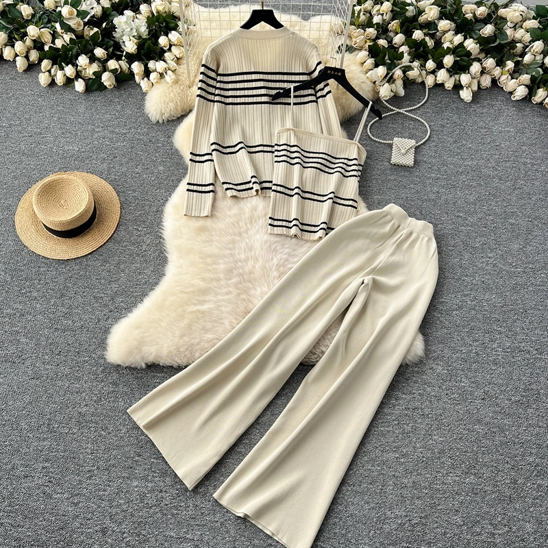 2024 Autumn New Casual Striped Knitted Cardigan Camisole Vest And Long Pants Three Piece Set Elegant Women's Suit