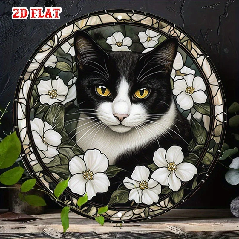 2D Flat - A Vintage-Style Round Wall Poster Made of Metal, Showcasing a Black And White Cat Surrounded by White Flowers in a S