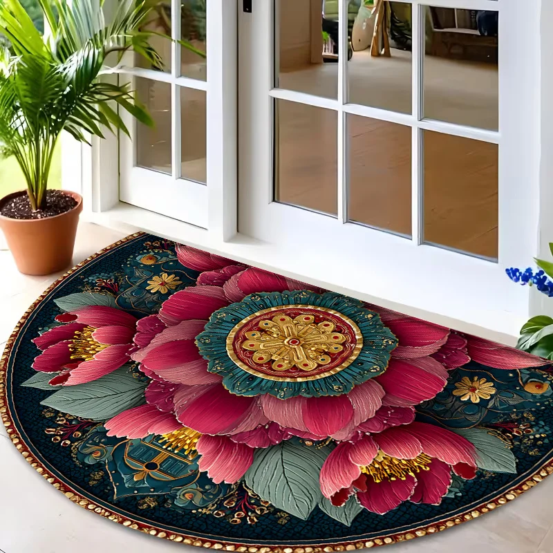 Elegant Spring Blossom Leaf Motif Print Round Door Mat Commercial Floor Carpet For Restaurant Office Store Mall