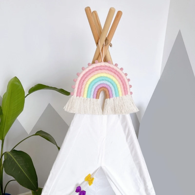 

Macrame Rainbow Wall Hanging Cotton Ornaments with Tassels for Nursery Kid Room