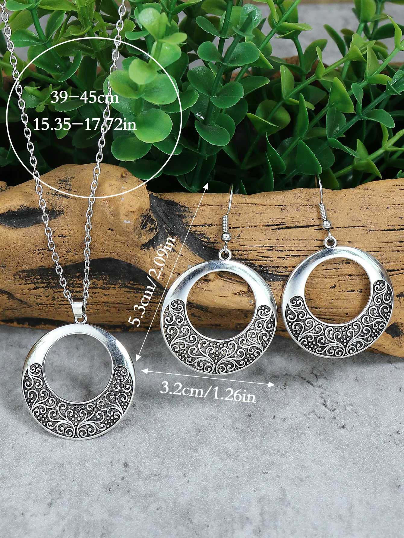 Vintage ethnischen Stil Silber Anhänger Ohrringe Halskette Set runden Ring einfach geschnitzte Damen Stil Ohrringe Halskette Kombination – Detail 2