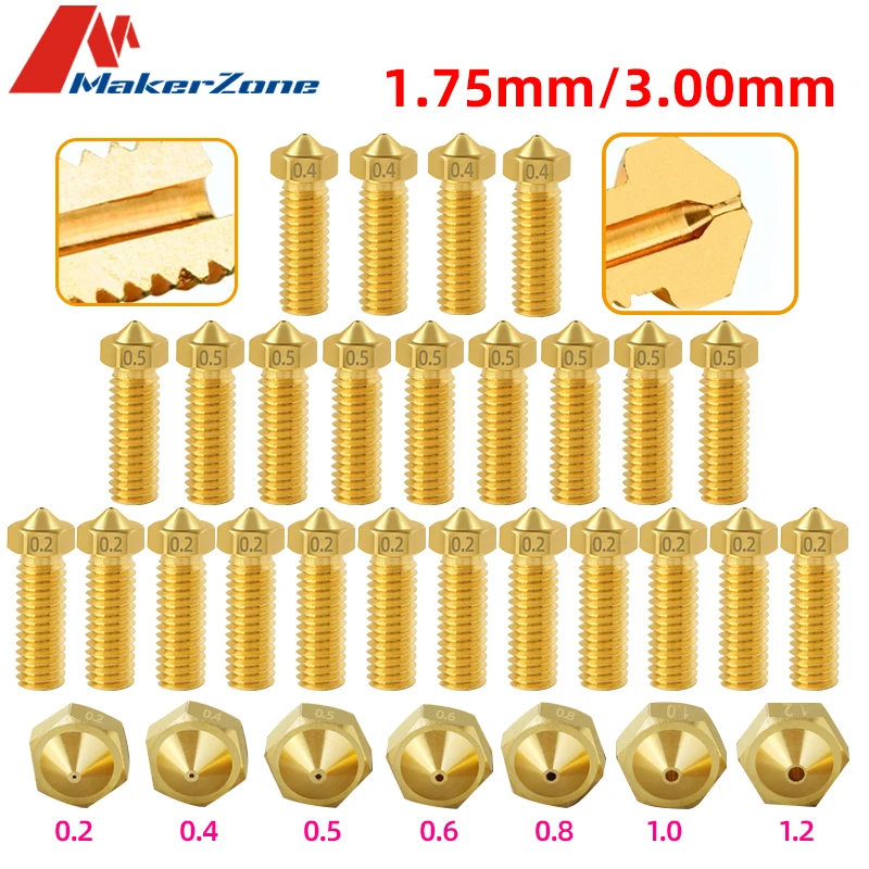 5 PCS V6 Volcano Brass Nozzle 3D Printer Ultra-Large Capacity Quick Print 1.75MM/3.0MM For Artillery Genius Spare Parts Anycubic