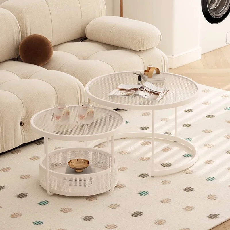 Simple Cream Style Round Living Room Small Apartment Tea Table Combination Creative Home Modern Changhong Glass Tea Table