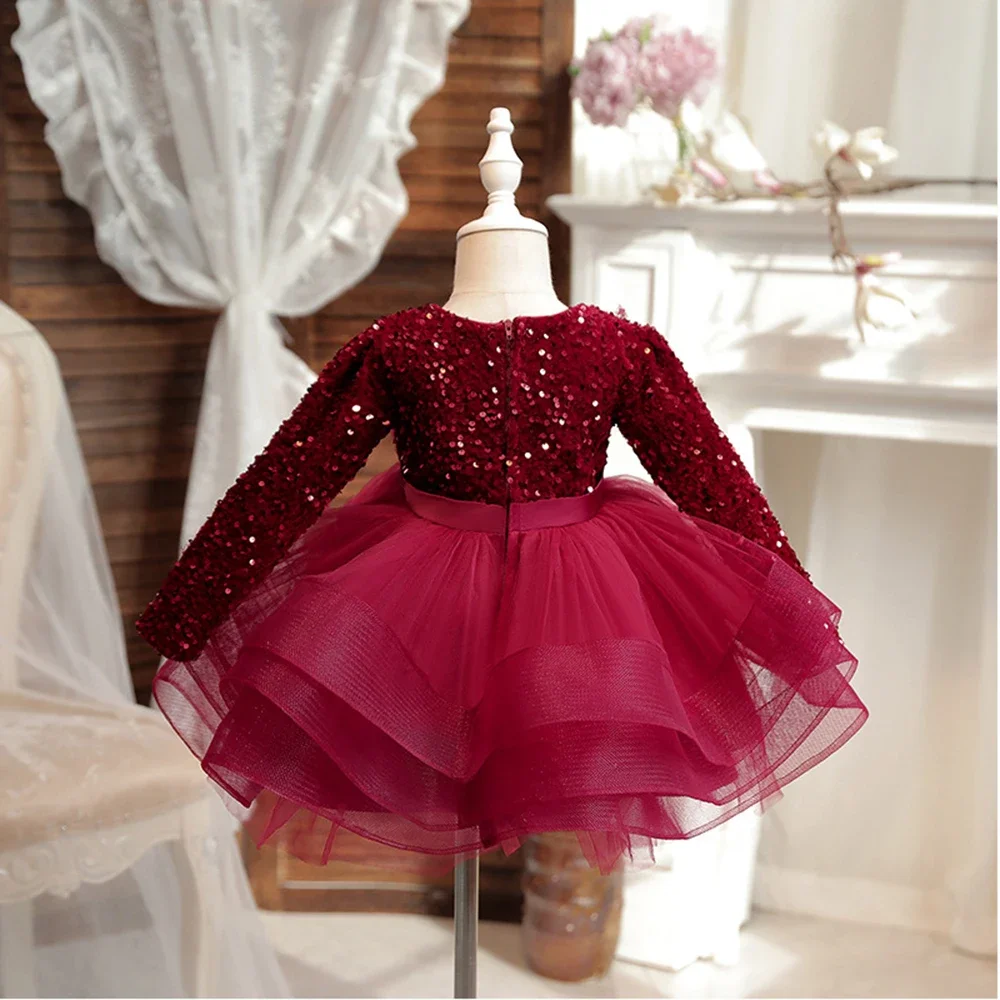 Girls Party Dresses Long Sleeve V-Neck Kid's Children Elegant Dress for Girl Sequined Tutu Wedding Ball Gowns 4 6 8 10Y