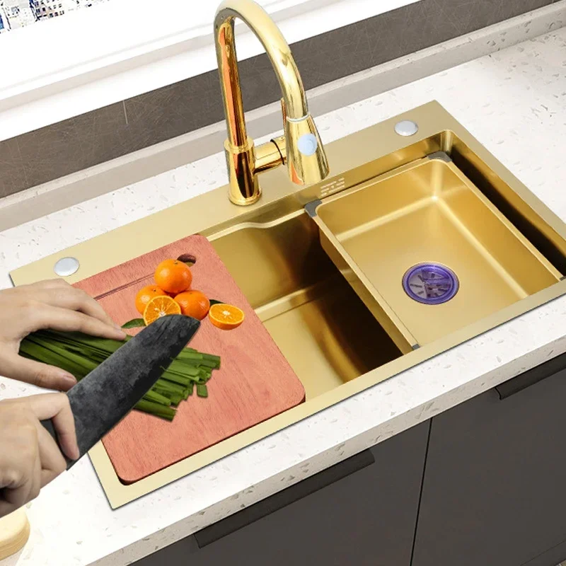 

75x45cm Golden Kitchen Sink 304 Stainless Steel Sinks Above Counter Or Udermount Vegetable Washing Basin Sinks With Faucet Drain