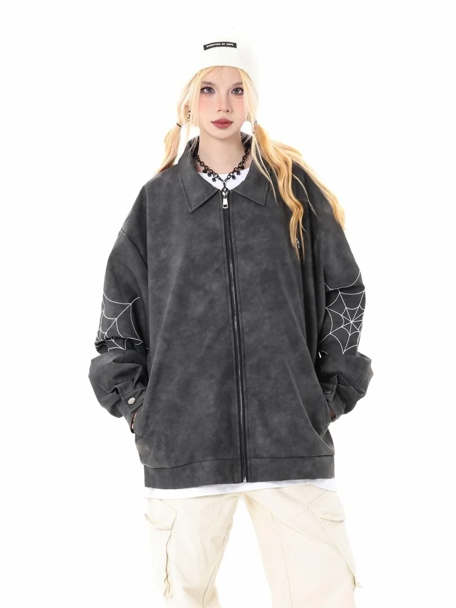 

Spring Autumn American Spider Embroidery PU Leather Jaet Men's Casual Loose Street Baseball Coat Zipper Faionable Teenage...