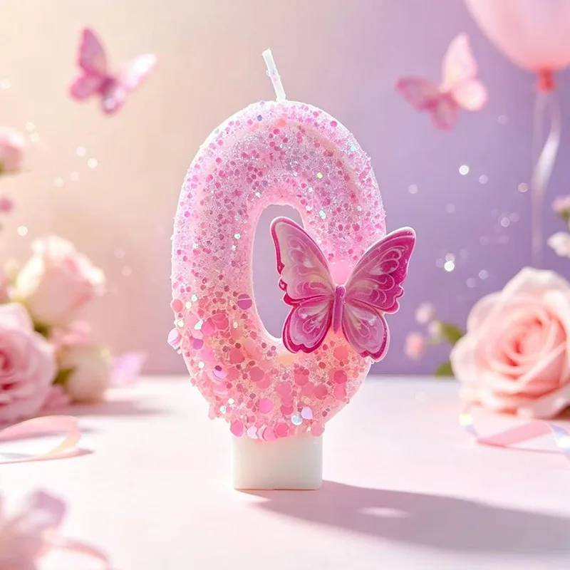 Pink three-dimensional butterfly decorated birthday number candles, birthday commemorative candles, party gifts