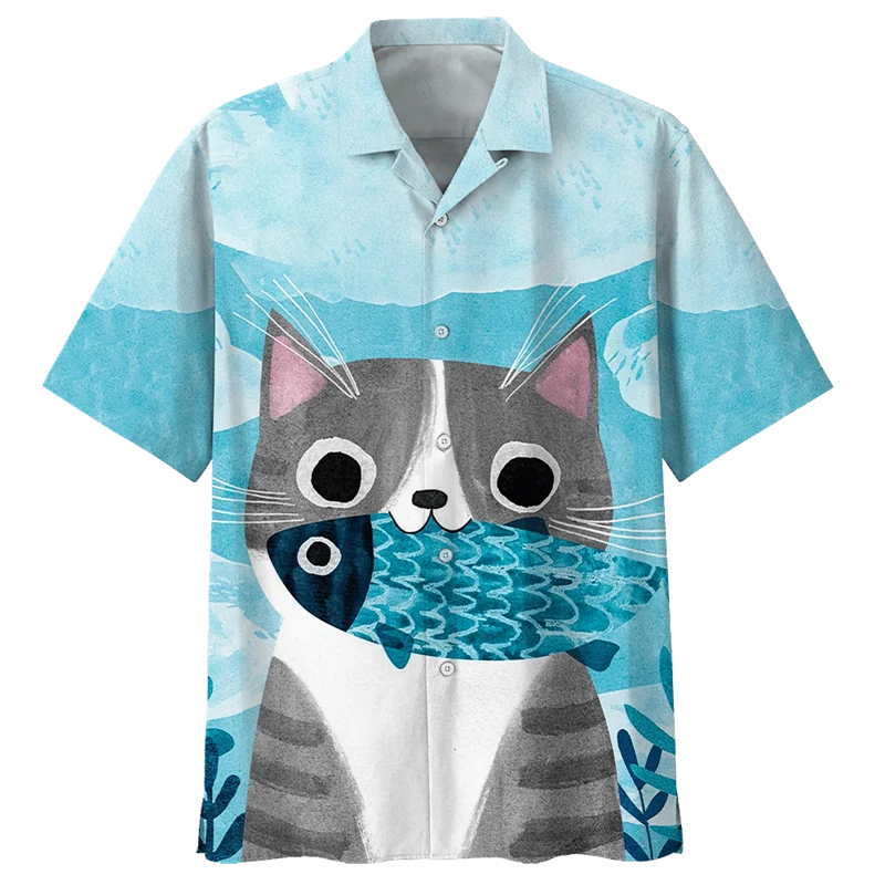 Cute Cat Pattern Hawaiian Shirt For Men 3D Printed Animal Short Sleeves Loose Lapel Shirts Summer Street Y2k Button Blouses