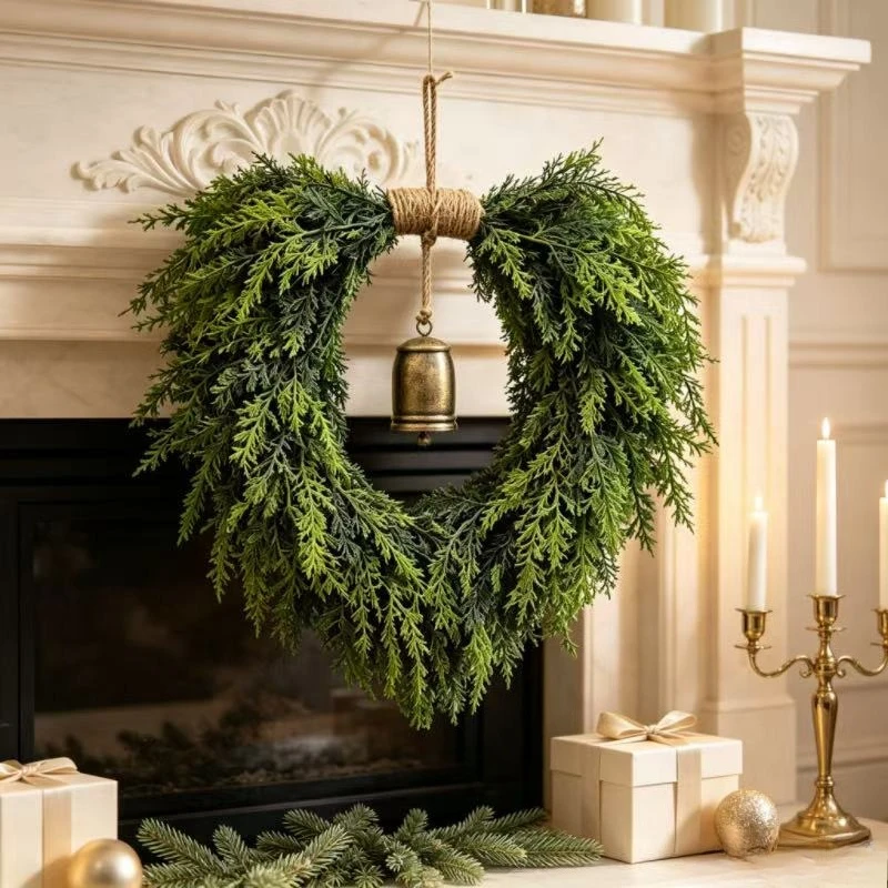 Heart-shaped artificial cypress wreath with jute cord, vintage metal clock, rustic wall clock forChristmas front door home decor