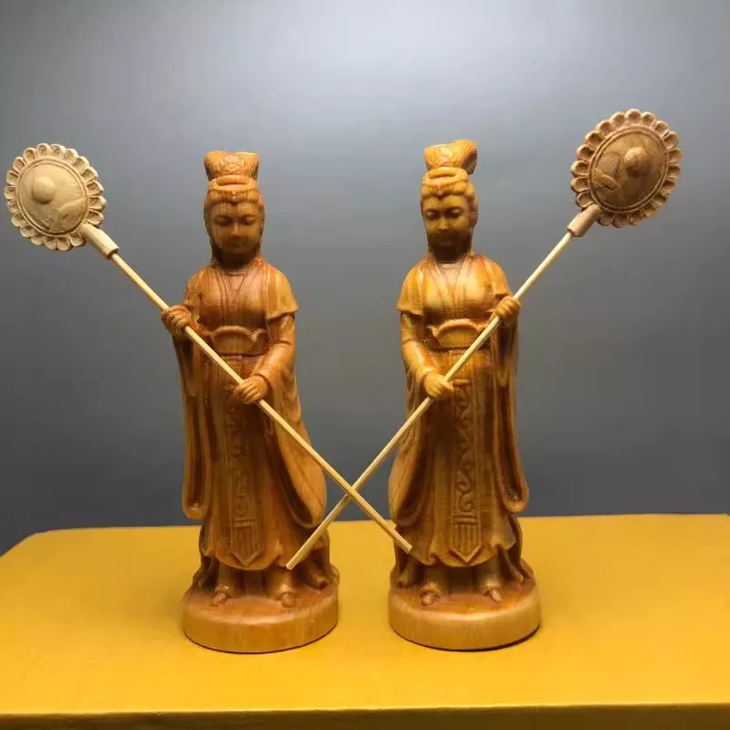 

Chinese Wood Carving Figurines, Ancient Female Attendants Palace Maids, Solid Wood Handicraft Ornament for Home Decor