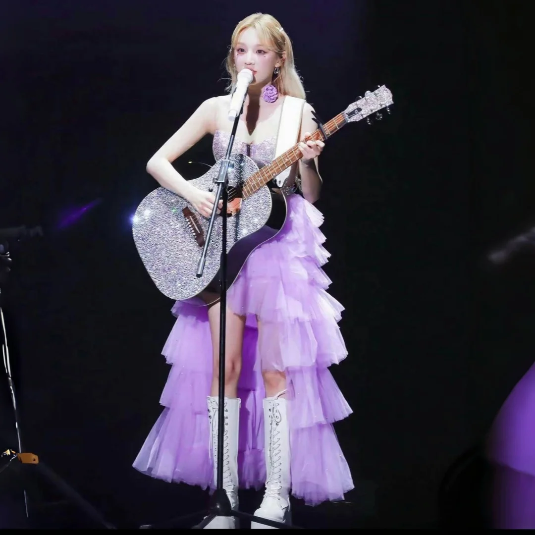 Purple Diamond Mesh Vest Skirt Dance Performance Costume for Girls Stage Performance Outfit Gidle Song Yuki Matching Set