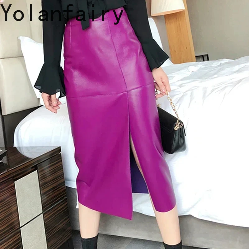 

Women Genuine Leather High Waist Simple Split One Step Jupe Femme Slim Long Skirt Dress Mujer Sheepskin Fuchsia Wrap Hip Gonna