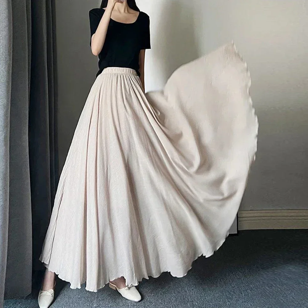 Black White 8 Colors Elegant Midi Skirt Women Loose A-line Cotton Linen Pleated Long Skirts Girl Wave Sun Skirt Dance Skirts