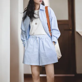 Maden Japanese Casual Blue and White Striped Shorts for Women Cotton Loose Sports Wide Leg Short Pants High Waist Bermuda Shorts