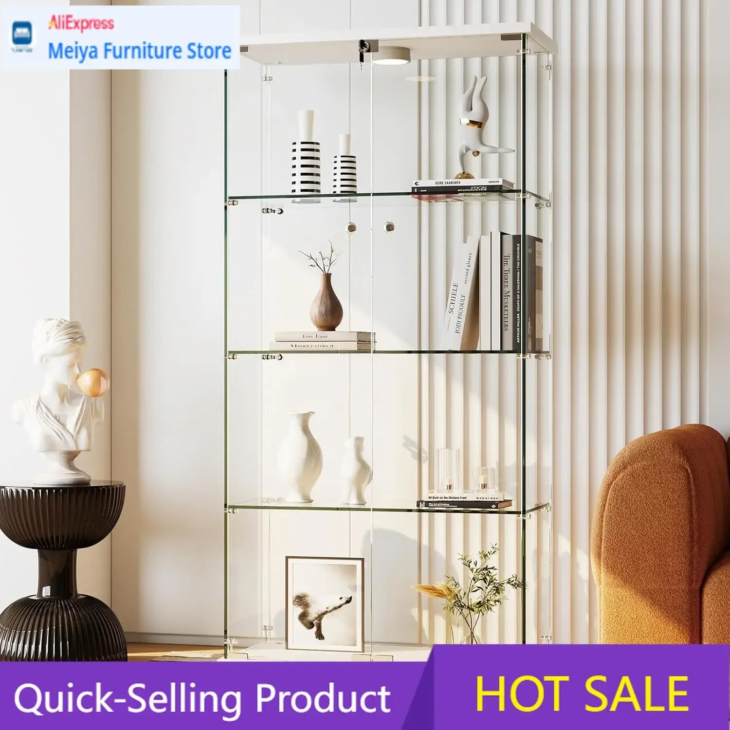 White Lockable Tempered Glass Display Cabinet With LED Light Four Shelves Double Doors Storage Showcase For Living Room Bedroom