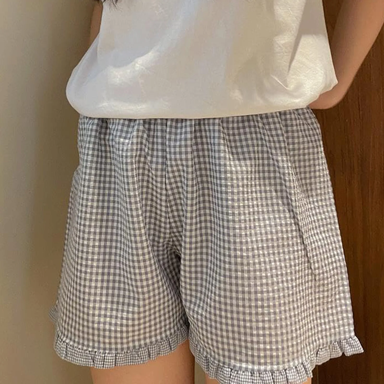 

vantage plaid ruffles shorts women loose wide leg casual comfort shorts summer elastic high waisted Japanese shorts pajamas