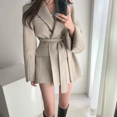 2023 New Autumn And Winter New Wool Coat Casual Lace-Up Mid-Length Woolen Suit British Style Slim Fit Outerwear Women Clothes