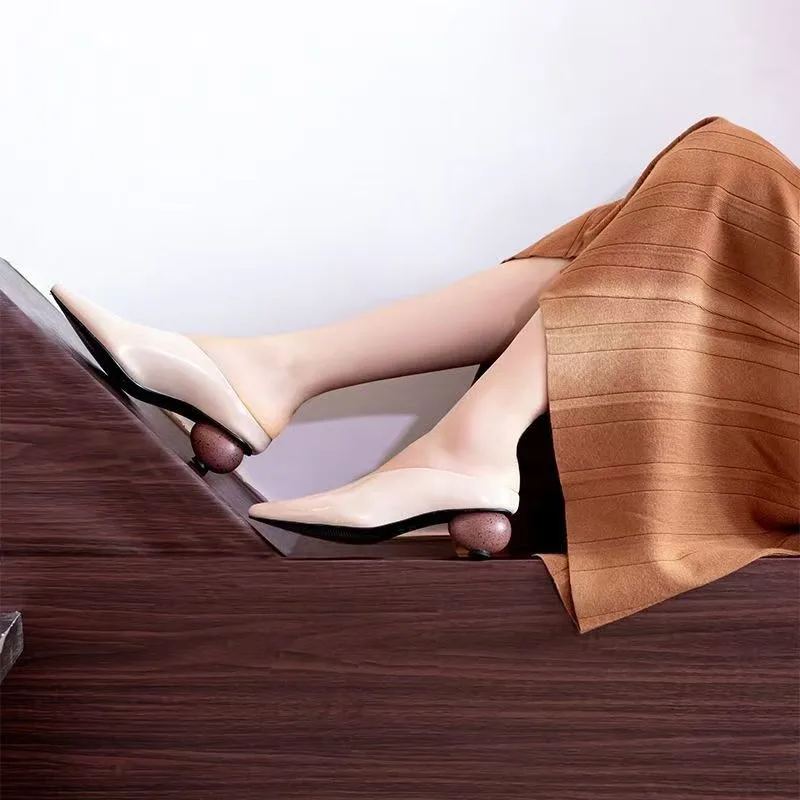 

Women's Genuine Leather High Heels, Women's Elegant Mid Heel Toe Slippers, Pointed Shaped Heel Sandals