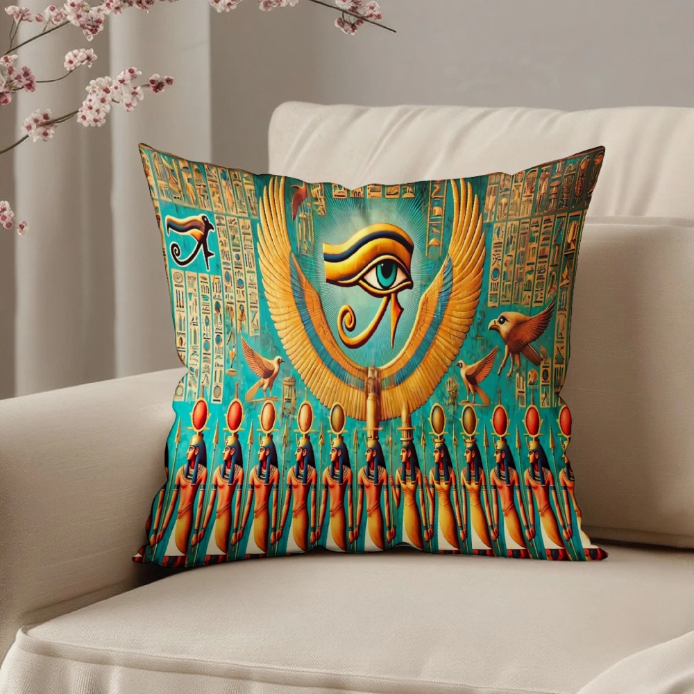 Square Throw Pillow Case Teal And Gold Egyptian Eye Of Horus Hieroglyphs Print Decorative Cushion Cover For Sofa Bedroom Living