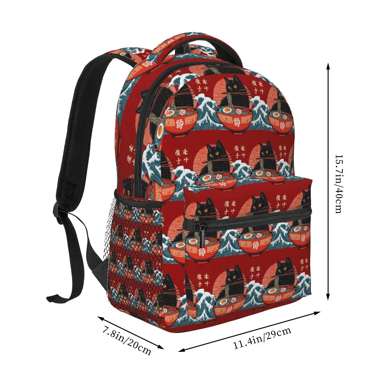 Black Cat Ramen Noodle Japanese Anime Backpack Student Boys Girls BookBag Kids School Bag Laptop Shoulder Bags for Men Women