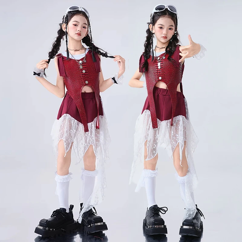 

New Jazz Dance Outfit Girls Red Kpop Stage Dance Suit Skirt Fashion Runway Show Performance Wear Child Hip Hop Streetwear 2168