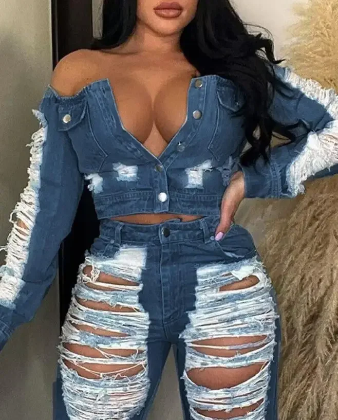 Sexy Womens Outfit High Waist Pocket Design Ripped Jeans Pants 2023 Autumn Summer Spring New Fashion Casual