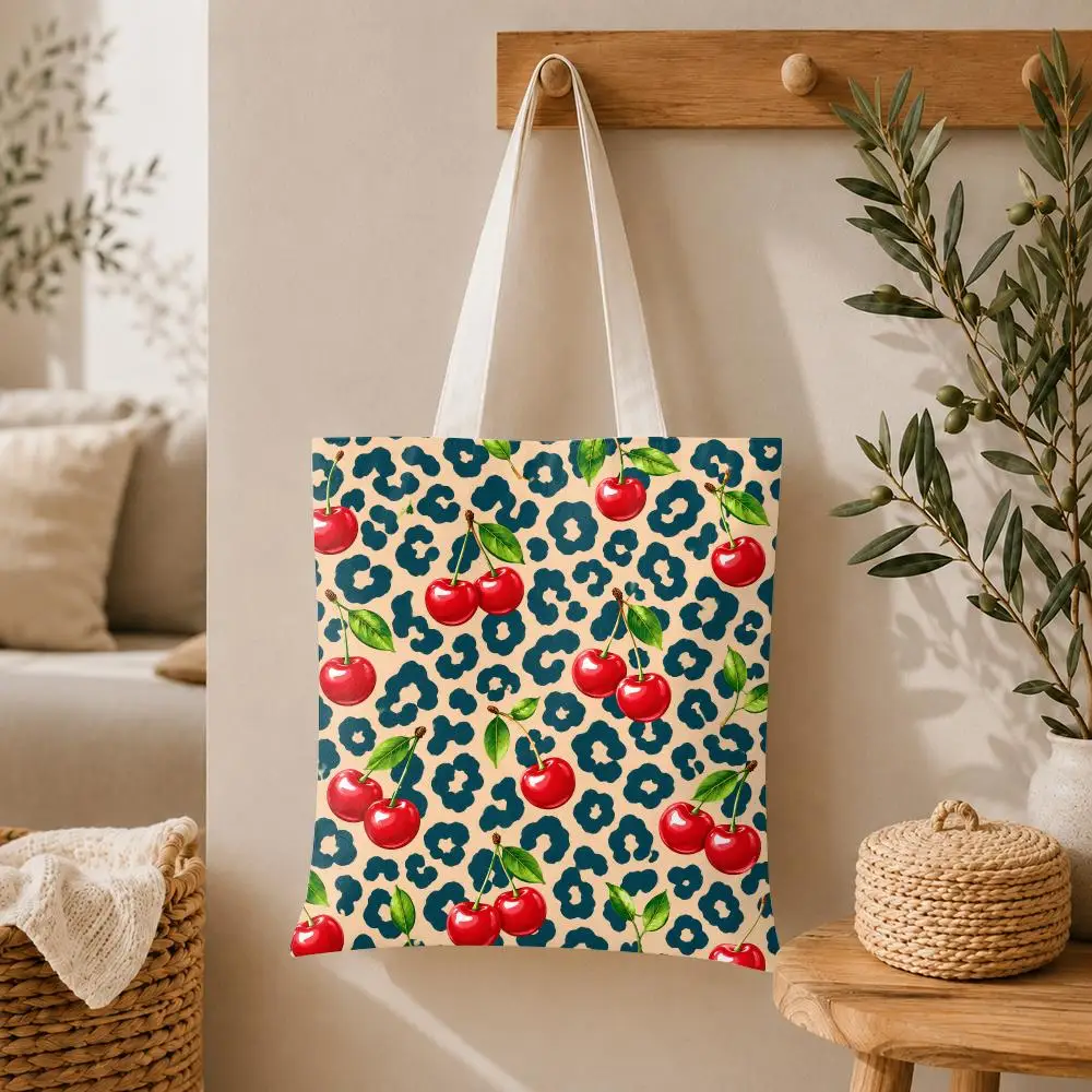 Chic Cherry & Leopard Storage Bags Large Capacity Canvas Tote Bag Double-Sided Print Shoulder Handbag for Daily Shopping