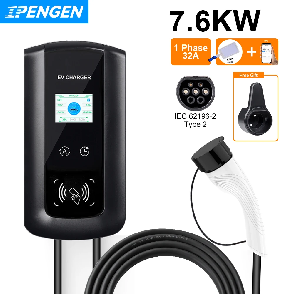 IPENGEN Type2 EV Charger EVSE Wallbox 32A 7.6KW con adattatore IEC62196-2 stazione di ricarica per montaggio a parete cavo da 5m per veicoli