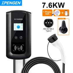 IPENGEN Type2 EV Charger EVSE Wallbox 32A 7.6KW con adattatore IEC62196-2 stazione di ricarica per montaggio a parete cavo da 5m per veicoli elettrici