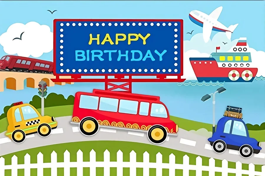 Vinyl Train Cars Vehicle Theme Photography Backdrop Hot Air Balloon Boys Birthday Backdrop Photo Studio Party Decorations Banner