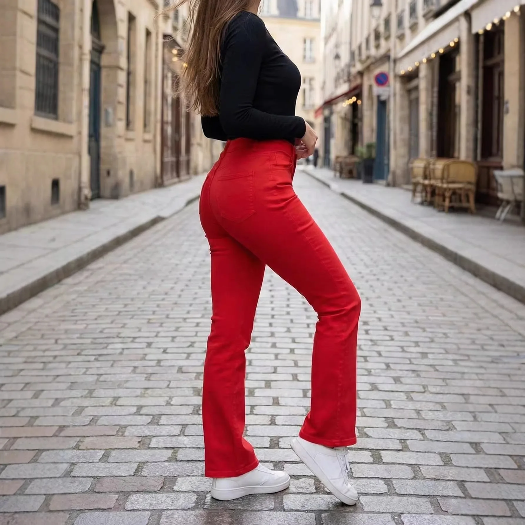 European and American Red Denim Micro-flared Pants Women's Horseshoe Pants High Waist and Thin Slim Pants