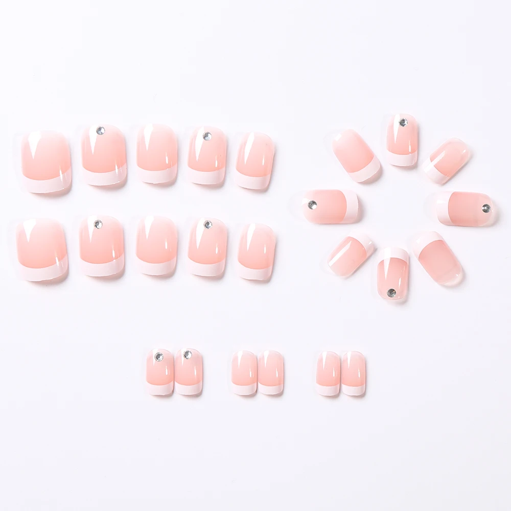 24Pcs/Set Short Ballet Pink French False Nail with Rhinestones White Edge Full Cover Wearable Fake Nail Daily Wear Press on Nail