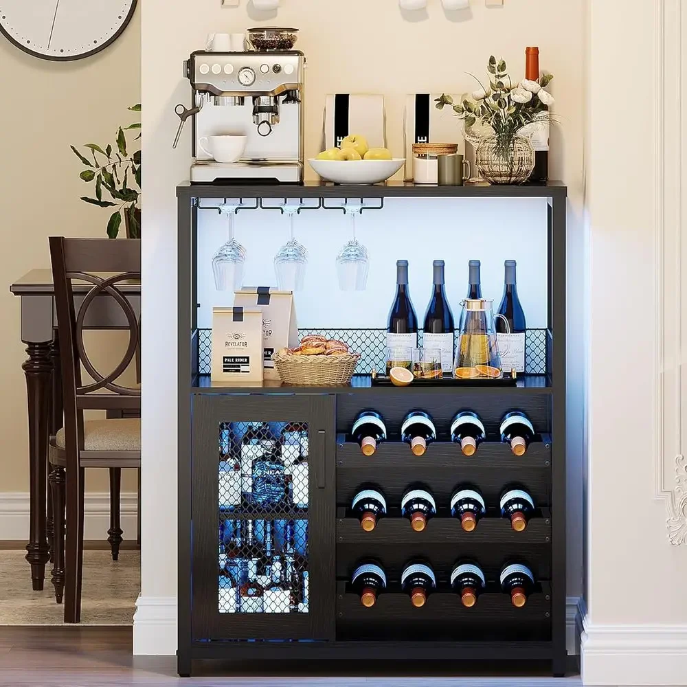 LED-Illuminated 3-Tier Wine Rack Cabinet with Storage and Glass Holder for Home Bar or Living Room in Black
