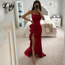 Vestido de noche elegante rojo lirio para mujer, vestido de sirena Sexy, plisado, cuello cuadrado, vestido de noche con abertura, batas personalizadas