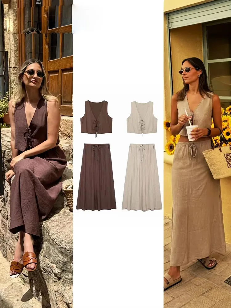 2024 الصيف النساء التنانير مجموعة أكمام الخامس الرقبة الدانتيل يصل سترة ضئيلة مطوي تنورة طويلة فضفاضة غير رسمية أنيقة عطلة الشاطئ