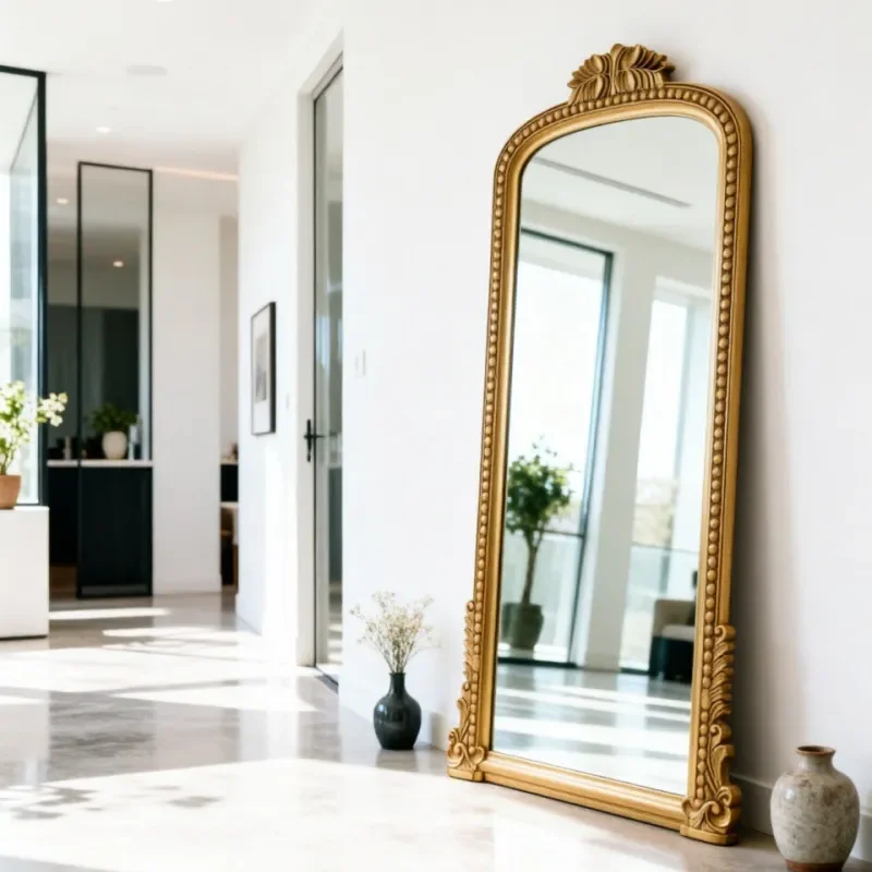 French Retro Arched Full Length Mirror Wall Mounted American Carved Decorative Floor to Ceiling Fitting Mirror for Bedroom