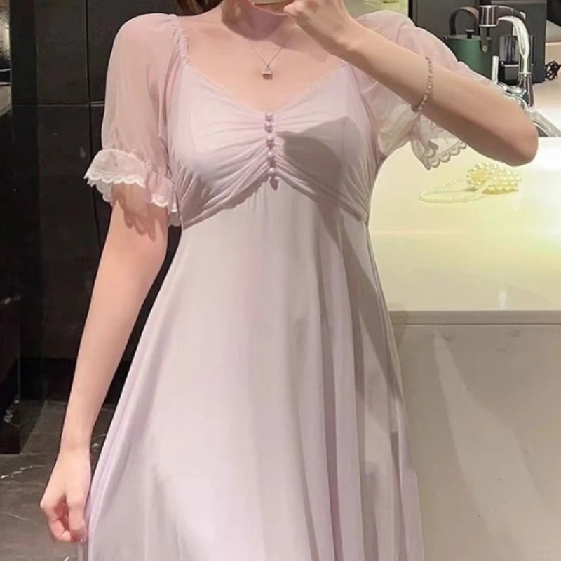 Summer Sexy Mesh Nightgown Princess Sleepwear Nightwear Women Fairy Modal V Neck Night Dress Sweet Lace Short Sleeve Nightdress