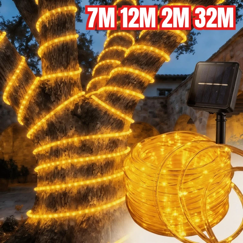LED Solar String Lights Garden Waterproof Tube Rope Lamp Christmas Garland Fairy Lights for Outdoor Holiday Home Decoration