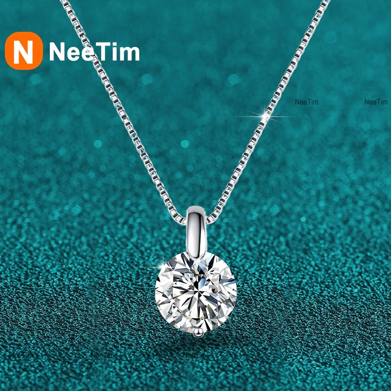 

NeeTim 1CT 2CT 3CT Moissanite Pandent Necklaces for Women s925 Sterling Silver Box Chain Women's Necklaces Wholesale Necklace