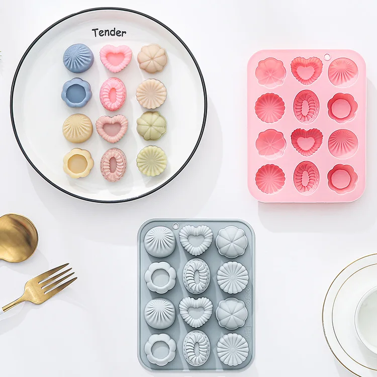 

12-hole 6 Different Chocolate Shapes Silicone Mold Flowers Heart-shaped Fondant Candy Mousse Pudding Desserts Baking Accessories
