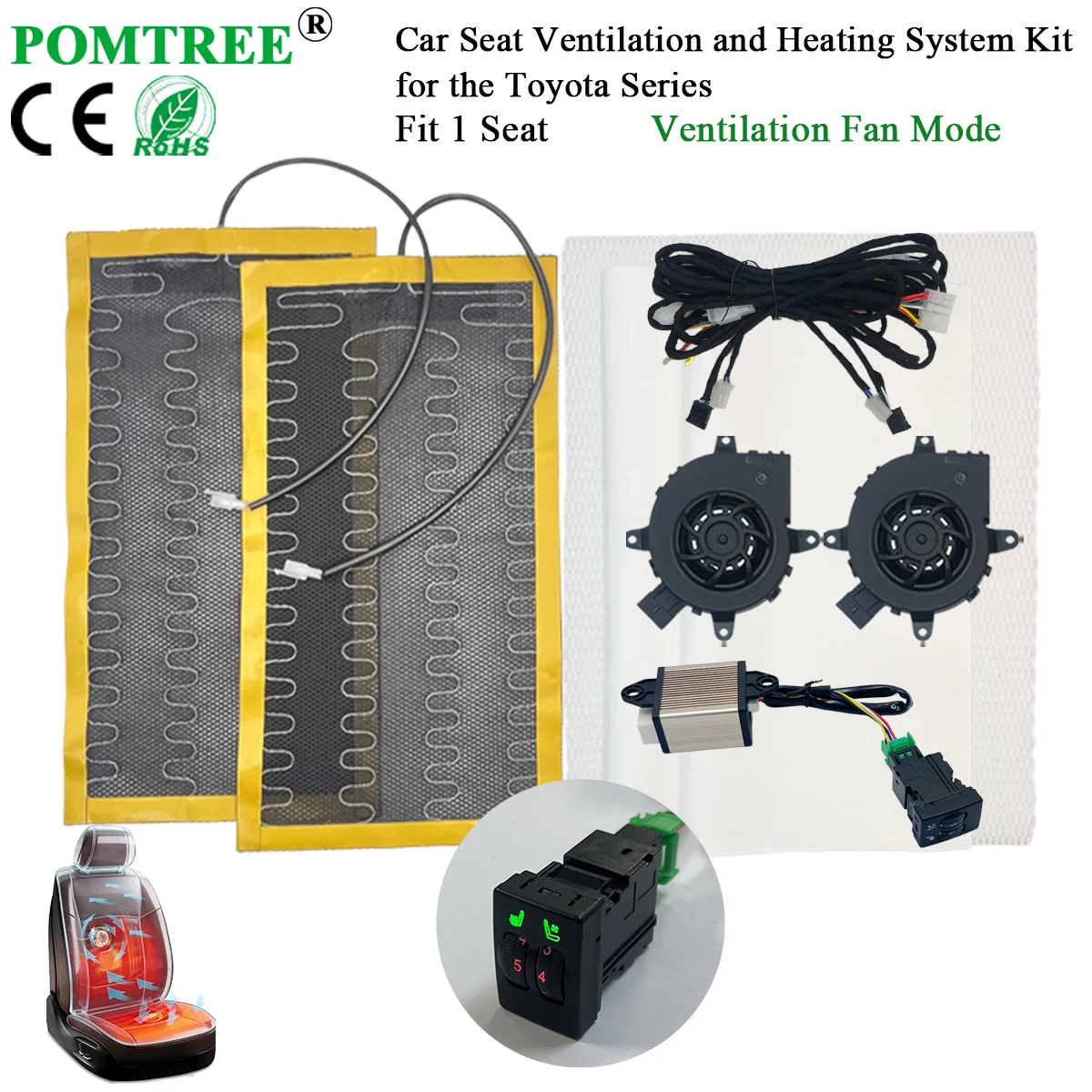 

DC 12V Built-in Car Seat Ventilation And Heating Kit Fit 1 Seat,2PCS Heating Pads And 5-level Switch Suitable For Toyota Series