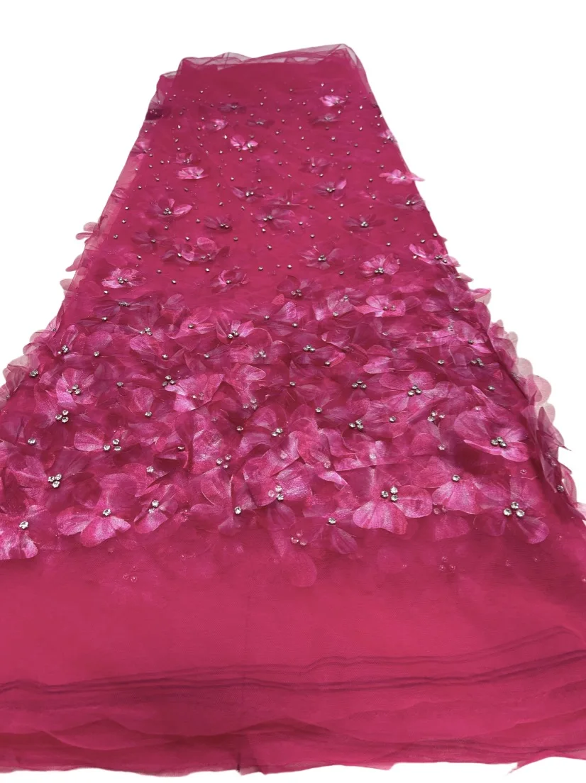 

New Fusscia Color 3D Flower Heavy African Net Lace Fabric Mesh Tulle Material with Stones Nigerian French Design for Women Dress