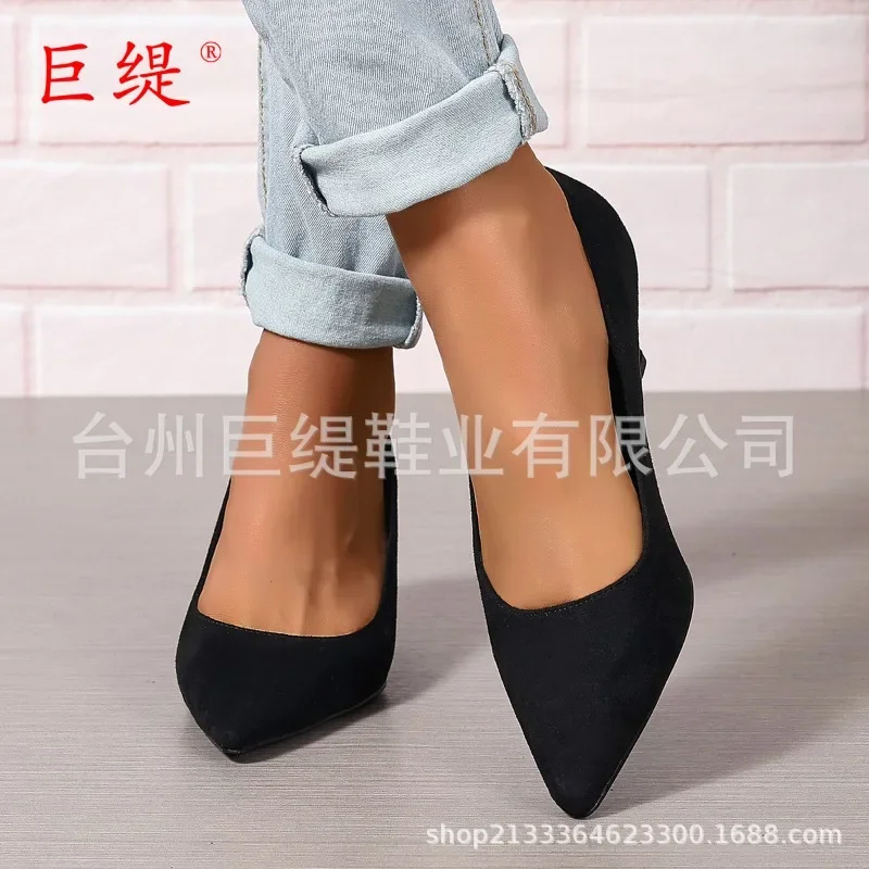 Big Size Women\'s Boat Shoes Faux Suede High Heels Pointed Toe Pumps Stilettos Basic Pump for Female White Black Red Pink Blue