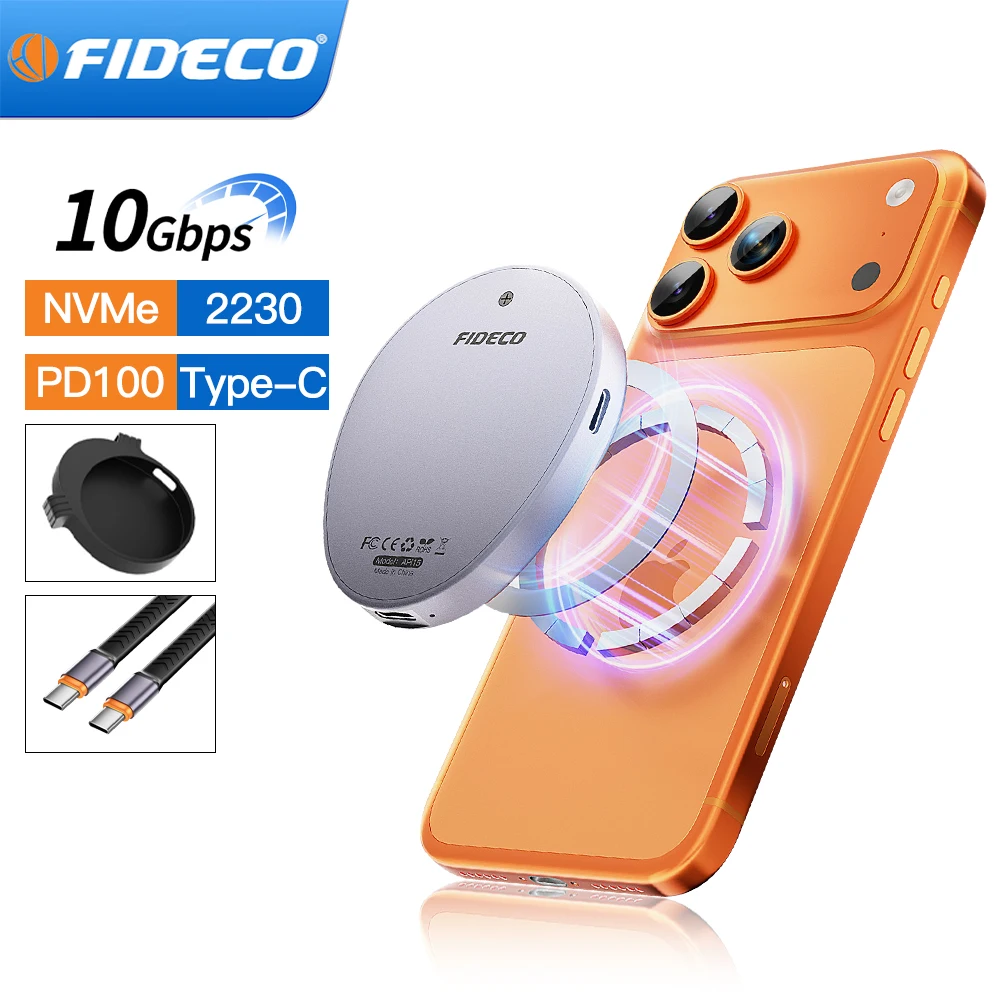 FIDECO Magnetic 10Gbps M.2 2230 NVMe Case PD 100W Type C External SSD Case USB3.2 Gen 2 Hard Drive Disk Storage Box for Mobile