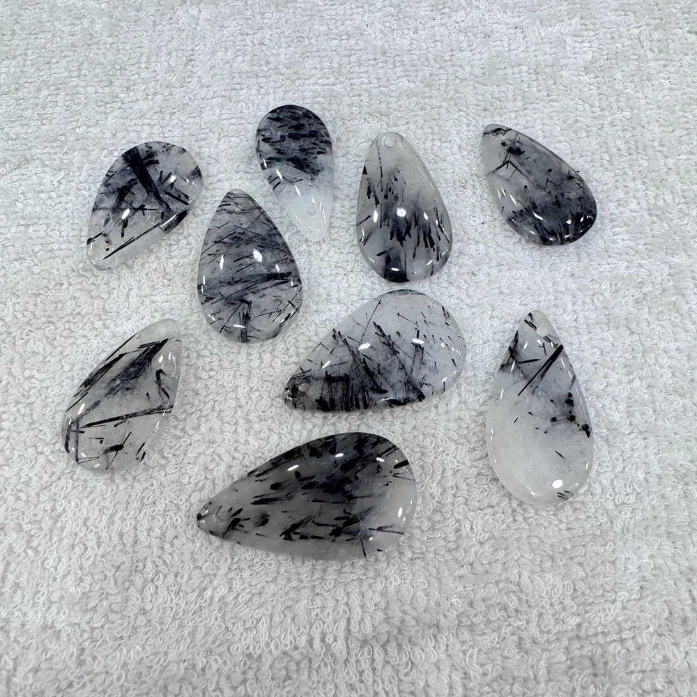 Wholesale 5pcs/pack Genuine Black Rutilated Quartz Bead Pendant Mixed 20-45mm Pear Shape Semi-Precious Gemstone Jewlery Pendant