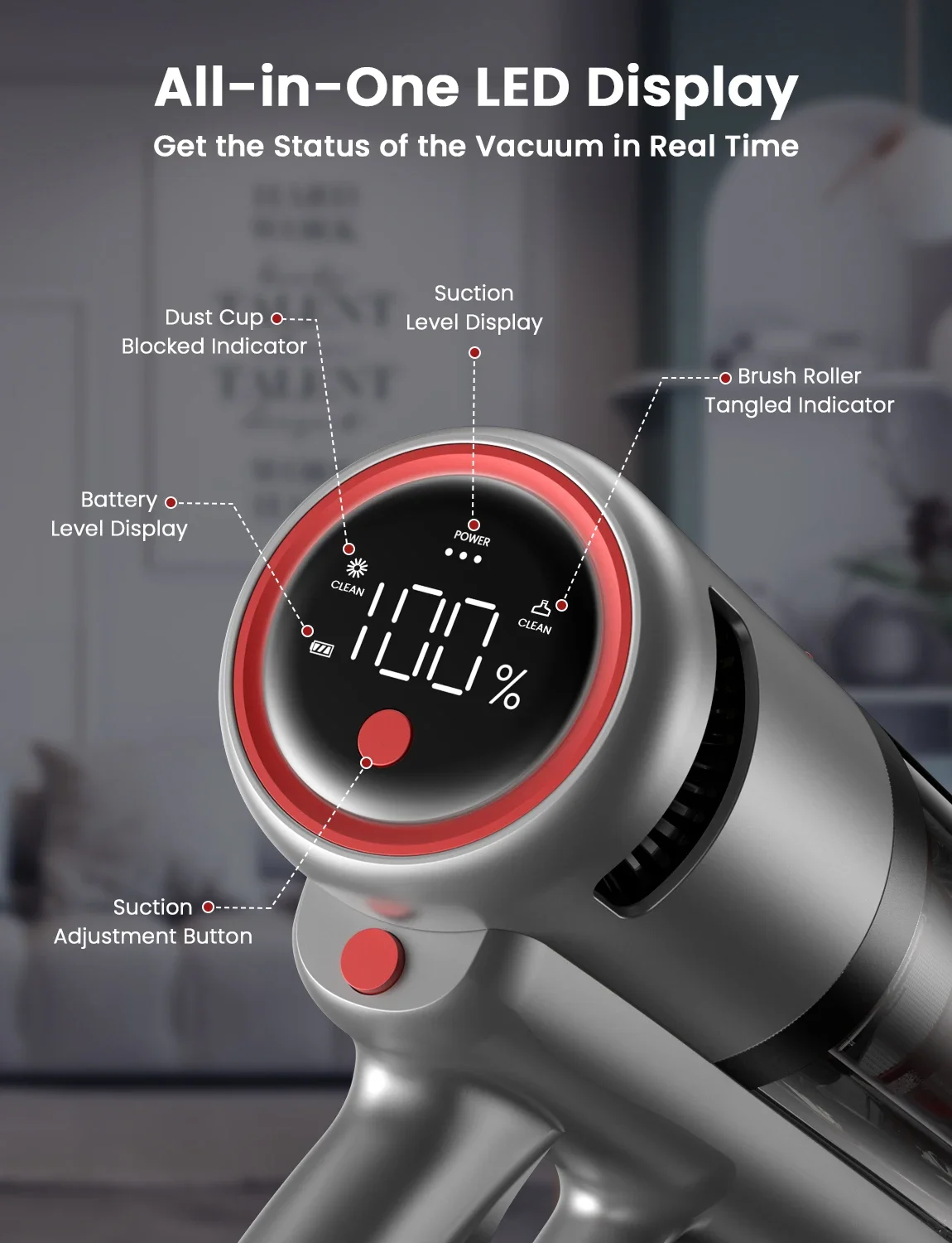 Red INSE-aspiradora inalámbrica V120P, 30kPa y 3 velocidades, 450W, batería de 60 minutos