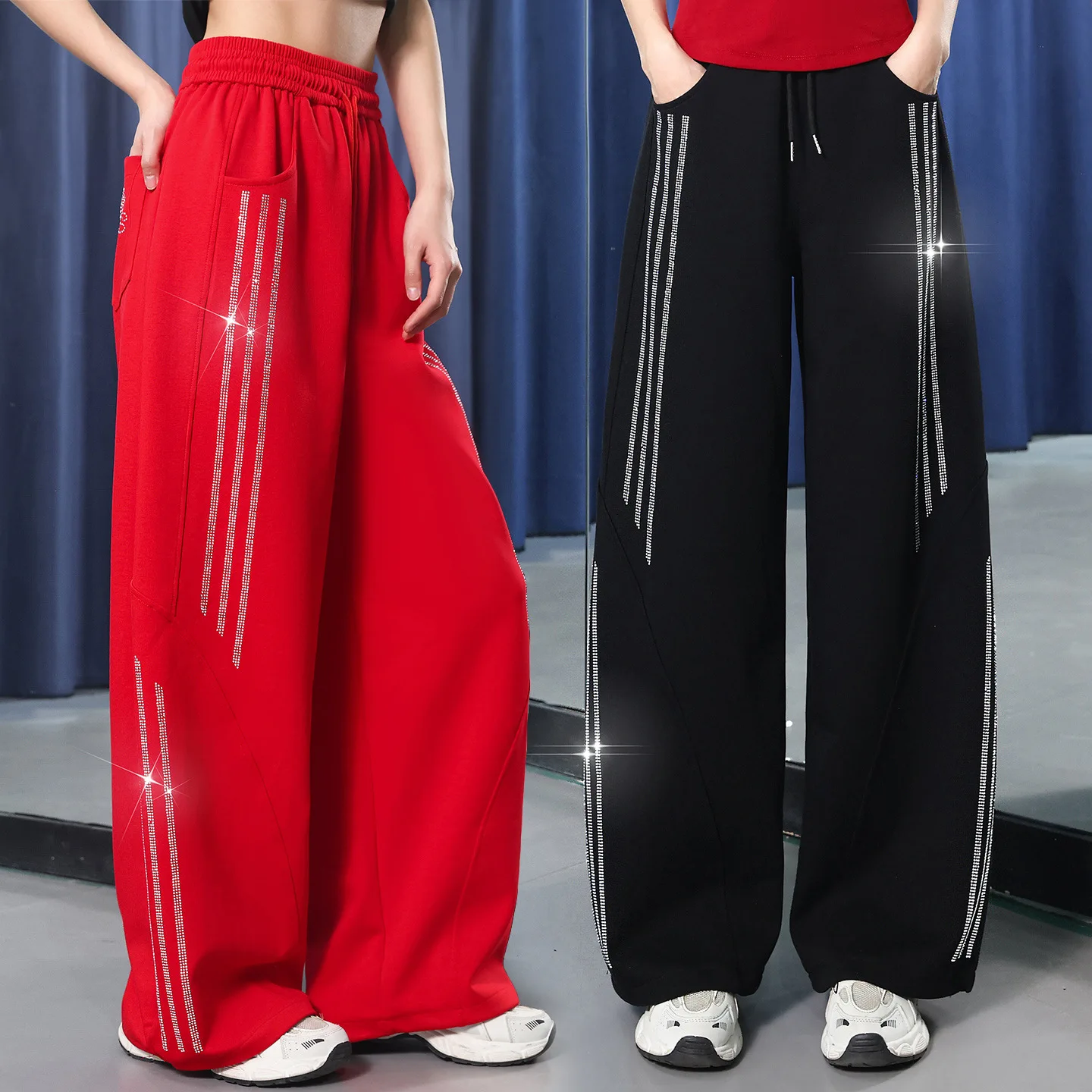 スパークリングダイヤモンドハイウエストルーズワイドレッグパンツ-スクエアダンススポーツフィットネス-コットンポリエステル-レディースロングパンツ